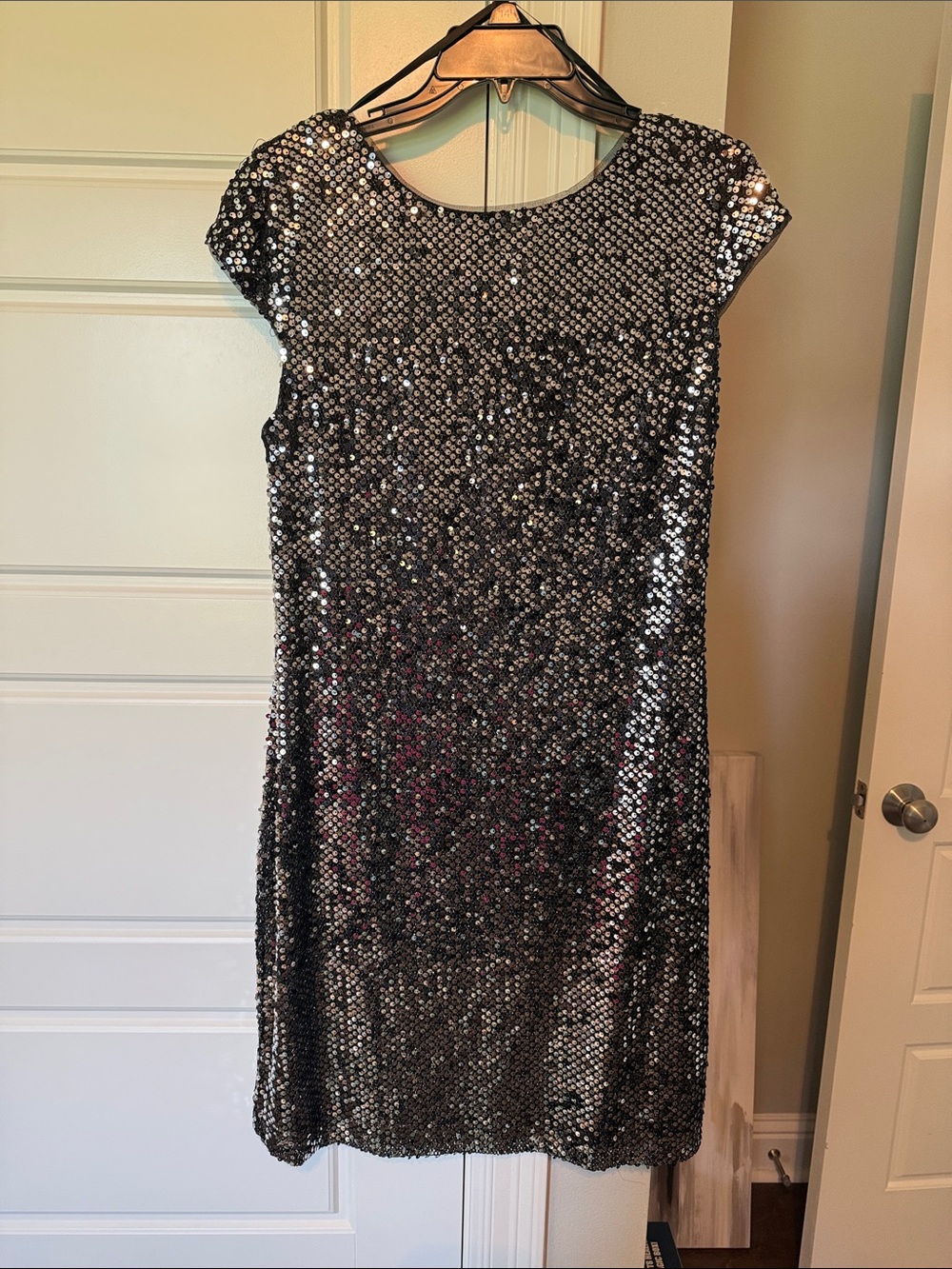 SLNY Silver Sequin Cap-Sleeve Mini Dress